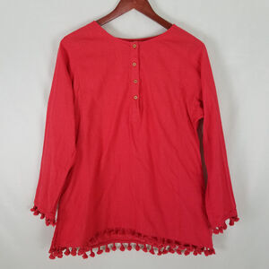 Embellish Shirt‎ Womens Large Red Popover Top Tasseled Long Sleeve Round Neck